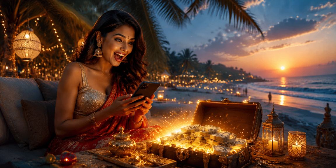 Goa beach scene with mobile casino user enjoying betting