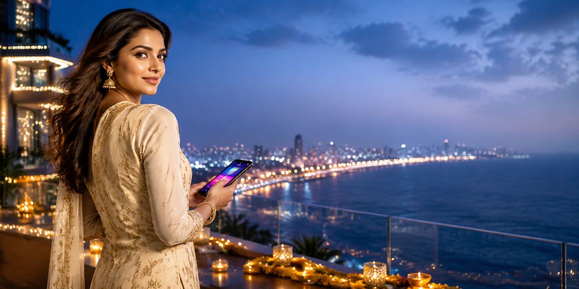 Young woman in Mumbai placing an Aviator bet on her phone during IPL season